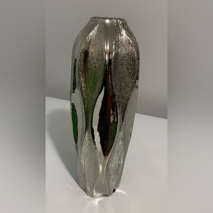 Vase Silver Ceramic Tall 11" Ribbed Metallic Home Decor